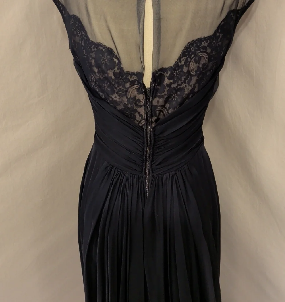 40s 50s Elegant Navy Sheer Lace Yoke Chiffon Drapef Bubble Hem Cocktail Dress - Picture 6 of 16